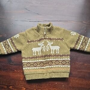 Janie And Jack Green and Brown Nordic Deer Pattern Wool Jacket